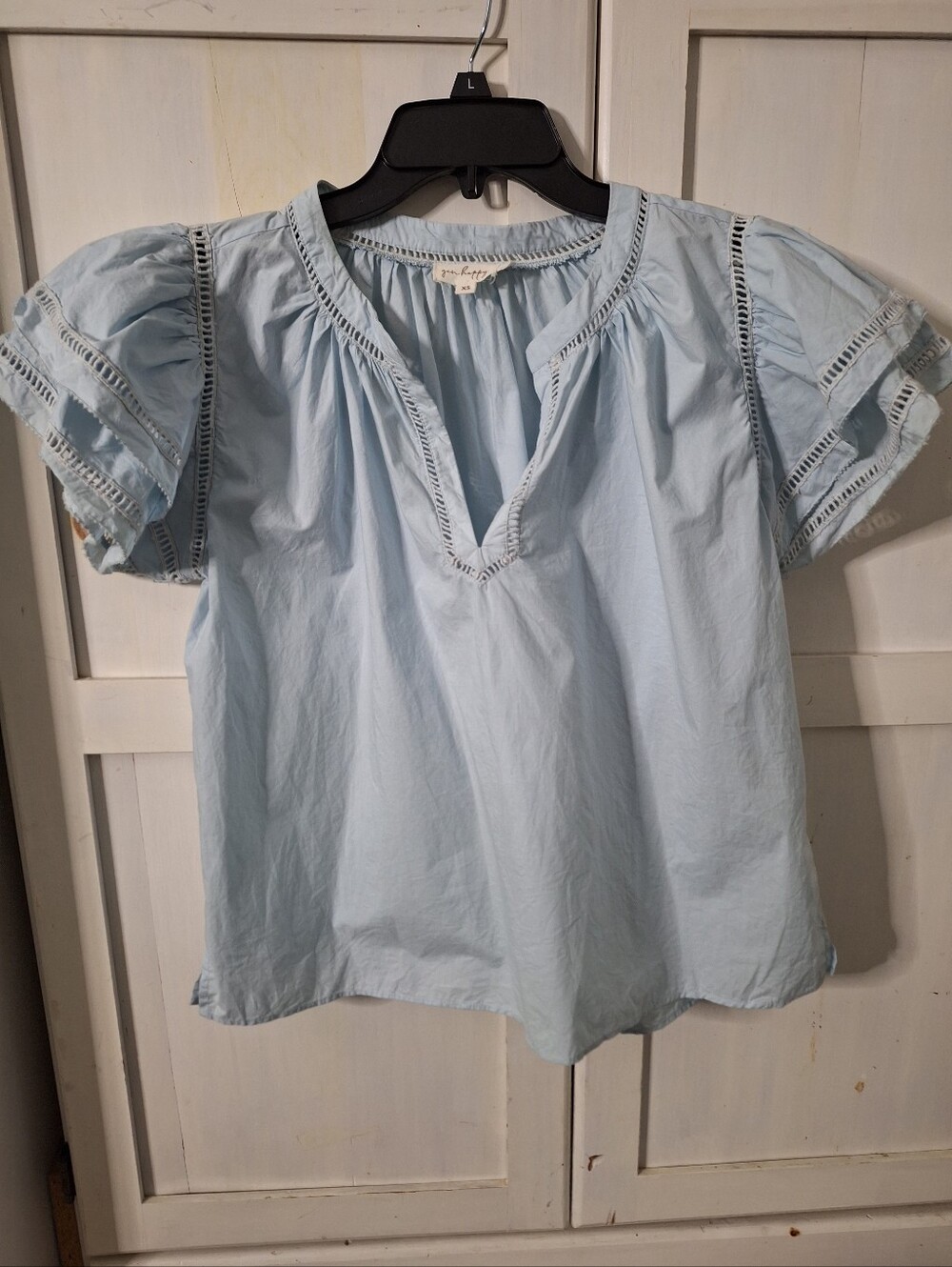 GenHappy XS Margot Blouse Top Powder Blue Organic Cotton Ruffle Detail Oversized